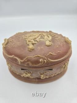 Vintage Incolay Stone Pink Box Victorian Scene Handcrafted USA Jewelry Floral