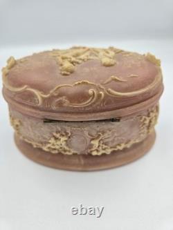 Vintage Incolay Stone Pink Box Victorian Scene Handcrafted USA Jewelry Floral