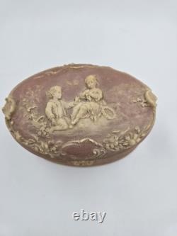 Vintage Incolay Stone Pink Box Victorian Scene Handcrafted USA Jewelry Floral