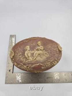 Vintage Incolay Stone Pink Box Victorian Scene Handcrafted USA Jewelry Floral