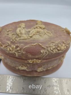 Vintage Incolay Stone Pink Box Victorian Scene Handcrafted USA Jewelry Floral