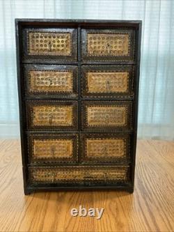 Vintage Indian Hand Carved Chest Box 9 Drawer Brass Fronts 17 Tall
