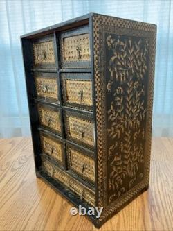 Vintage Indian Hand Carved Chest Box 9 Drawer Brass Fronts 17 Tall