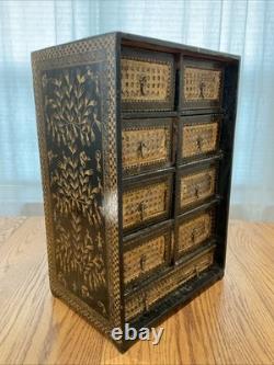 Vintage Indian Hand Carved Chest Box 9 Drawer Brass Fronts 17 Tall