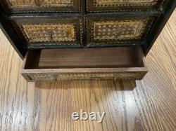 Vintage Indian Hand Carved Chest Box 9 Drawer Brass Fronts 17 Tall