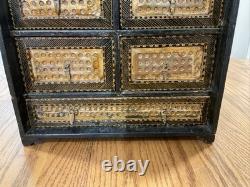 Vintage Indian Hand Carved Chest Box 9 Drawer Brass Fronts 17 Tall