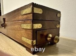 Vintage Indian Rosewood Brass Inlaid Tea Box. Hidden Drawer & Locking Pin