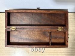 Vintage Indian Rosewood Brass Inlaid Tea Box. Hidden Drawer & Locking Pin