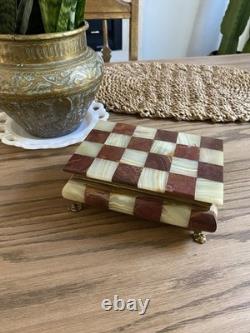 Vintage Italian Alabaster & Red Agate Box Red Velvet Lining Brass Claw Feet