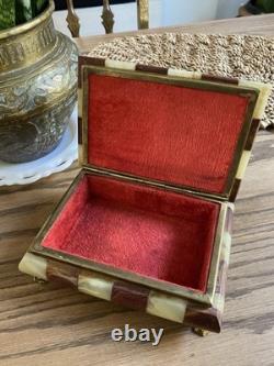 Vintage Italian Alabaster & Red Agate Box Red Velvet Lining Brass Claw Feet