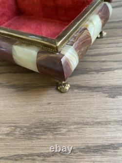 Vintage Italian Alabaster & Red Agate Box Red Velvet Lining Brass Claw Feet