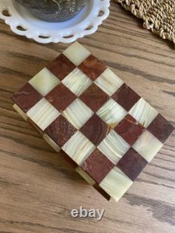 Vintage Italian Alabaster & Red Agate Box Red Velvet Lining Brass Claw Feet