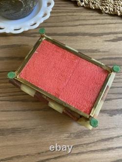 Vintage Italian Alabaster & Red Agate Box Red Velvet Lining Brass Claw Feet