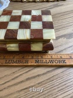 Vintage Italian Alabaster & Red Agate Box Red Velvet Lining Brass Claw Feet