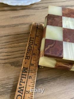 Vintage Italian Alabaster & Red Agate Box Red Velvet Lining Brass Claw Feet