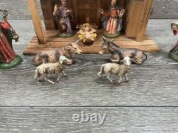 Vintage Italian Nativity Scene with Eleven (11) Figurines, Stable with Music Box