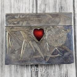 Vintage Japan 970 Silver Enamel Playing Card Trinket Box Bamboo Bird 198g Total