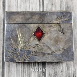 Vintage Japan 970 Silver Enamel Playing Card Trinket Box Bamboo Bird 198g Total