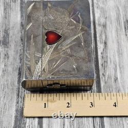 Vintage Japan 970 Silver Enamel Playing Card Trinket Box Bamboo Bird 198g Total