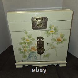Vintage Japanese Antique Cream Lacquer Jewelry Box Birds & Flower Trees, Brass