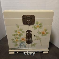 Vintage Japanese Antique Cream Lacquer Jewelry Box Birds & Flower Trees, Brass