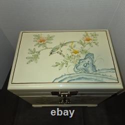 Vintage Japanese Antique Cream Lacquer Jewelry Box Birds & Flower Trees, Brass