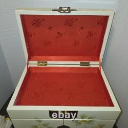 Vintage Japanese Antique Cream Lacquer Jewelry Box Birds & Flower Trees, Brass