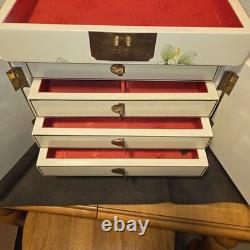 Vintage Japanese Antique Cream Lacquer Jewelry Box Birds & Flower Trees, Brass