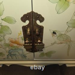 Vintage Japanese Antique Cream Lacquer Jewelry Box Birds & Flower Trees, Brass