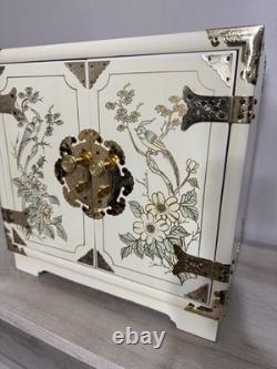 Vintage Japanese Antique White Lacquer Jewelry Box, Huge Gold Painted Birds &