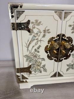 Vintage Japanese Antique White Lacquer Jewelry Box, Huge Gold Painted Birds &