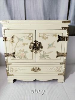Vintage Japanese Antique White Lacquer Jewelry Box, Huge Gold Painted Birds &