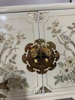 Vintage Japanese Antique White Lacquer Jewelry Box, Huge Gold Painted Birds &