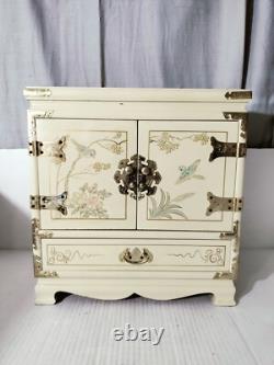 Vintage Japanese Antique White Lacquer Jewelry Box, Huge Gold Painted Birds &