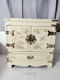 Vintage Japanese Antique White Lacquer Jewelry Box, Huge Gold Painted Birds &