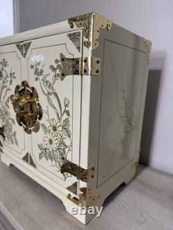Vintage Japanese Antique White Lacquer Jewelry Box, Huge Gold Painted Birds &