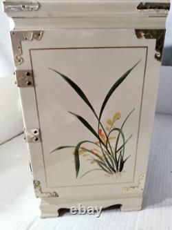 Vintage Japanese Antique White Lacquer Jewelry Box, Huge Gold Painted Birds &