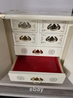 Vintage Japanese Antique White Lacquer Jewelry Box, Huge Gold Painted Birds &
