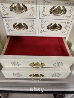 Vintage Japanese Antique White Lacquer Jewelry Box, Huge Gold Painted Birds &
