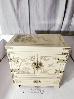 Vintage Japanese Antique White Lacquer Jewelry Box, Huge Gold Painted Birds &