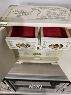 Vintage Japanese Antique White Lacquer Jewelry Box, Huge Gold Painted Birds &