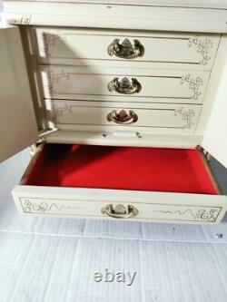 Vintage Japanese Antique White Lacquer Jewelry Box, Huge Gold Painted Birds &