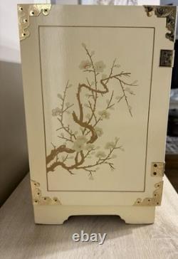Vintage Japanese Antique White Lacquer Jewelry Box, Huge Gold Painted Birds &