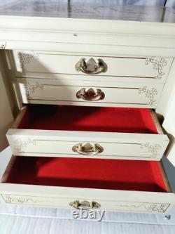 Vintage Japanese Antique White Lacquer Jewelry Box, Huge Gold Painted Birds &