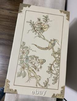 Vintage Japanese Antique White Lacquer Jewelry Box, Huge Gold Painted Birds &
