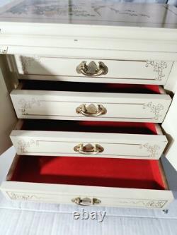 Vintage Japanese Antique White Lacquer Jewelry Box, Huge Gold Painted Birds &