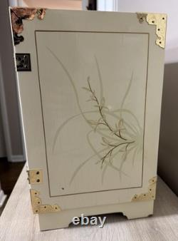 Vintage Japanese Antique White Lacquer Jewelry Box, Huge Gold Painted Birds &