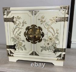 Vintage Japanese Antique White Lacquer Jewelry Box, Huge Gold Painted Birds &