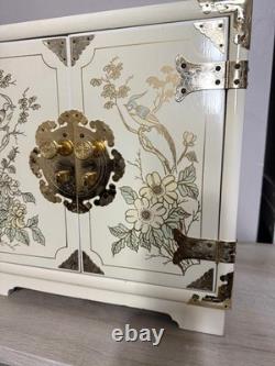 Vintage Japanese Antique White Lacquer Jewelry Box, Huge Gold Painted Birds &