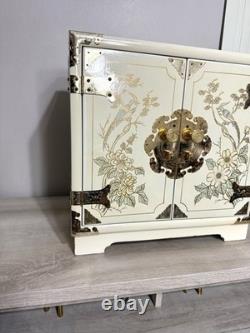 Vintage Japanese Antique White Lacquer Jewelry Box, Huge Gold Painted Birds &